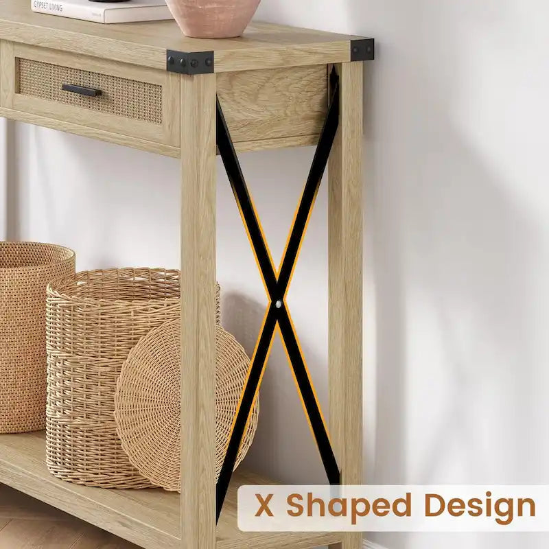 Console en rotin avec tiroirs, table de canapé de style rustique