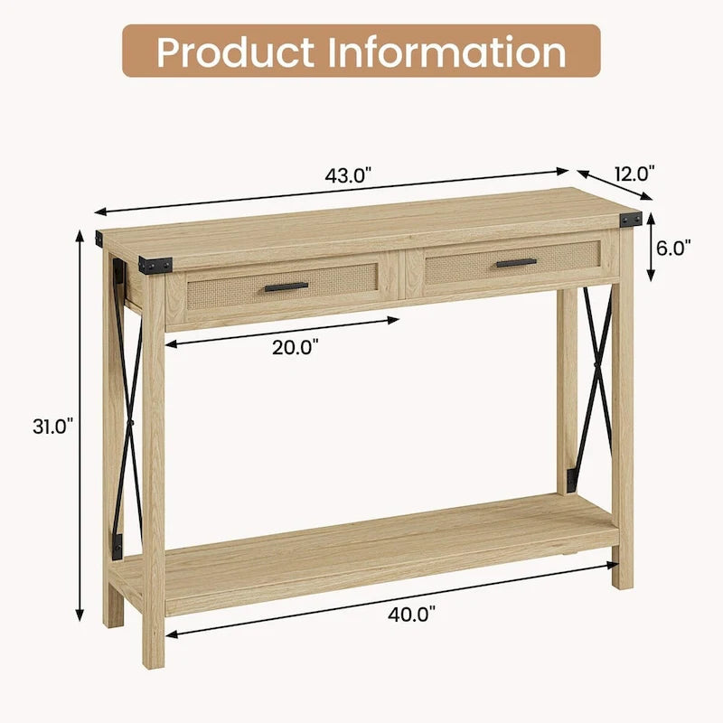 Console en rotin avec tiroirs, table de canapé de style rustique