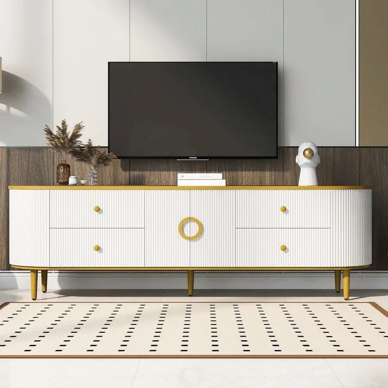 Meuble TV courbé moderne avec tiroirs et placard, pour téléviseurs jusqu'à 80 pouces