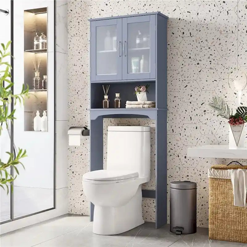 Organisateur de salle de bain au-dessus des toilettes 2 portes 1 étagère ouverte