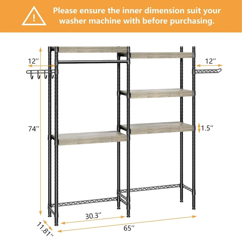 Étagère de rangement en bois à 5 niveaux avec séchoir, à placer au-dessus de la machine à laver et du sèche-linge