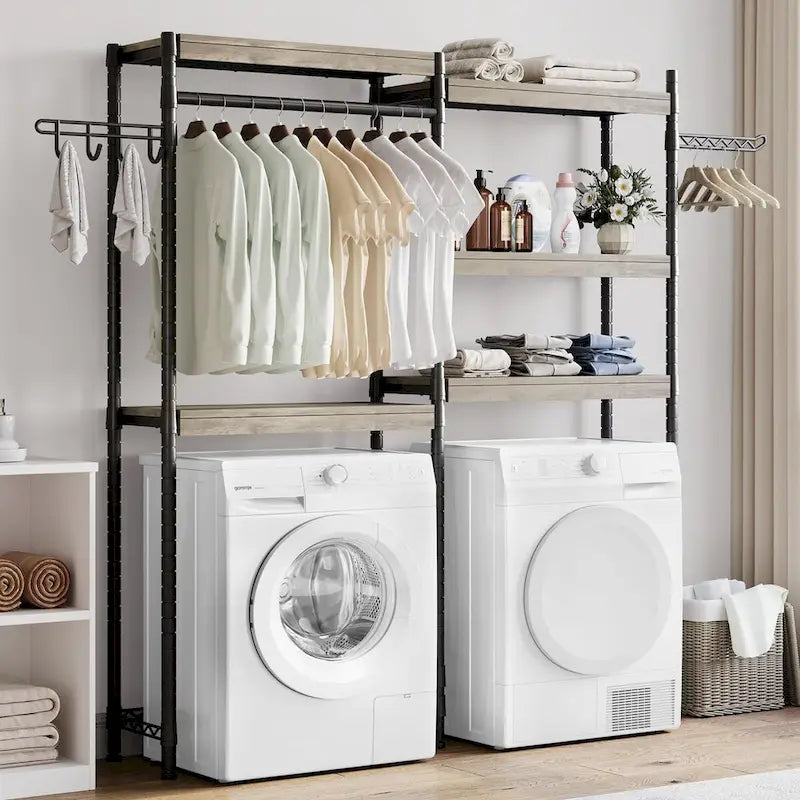 Étagère de rangement en bois à 5 niveaux avec séchoir, à placer au-dessus de la machine à laver et du sèche-linge