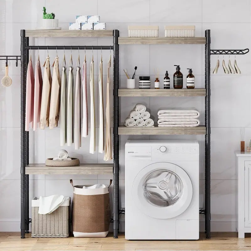 Étagère de rangement en bois à 5 niveaux avec séchoir, à placer au-dessus de la machine à laver et du sèche-linge