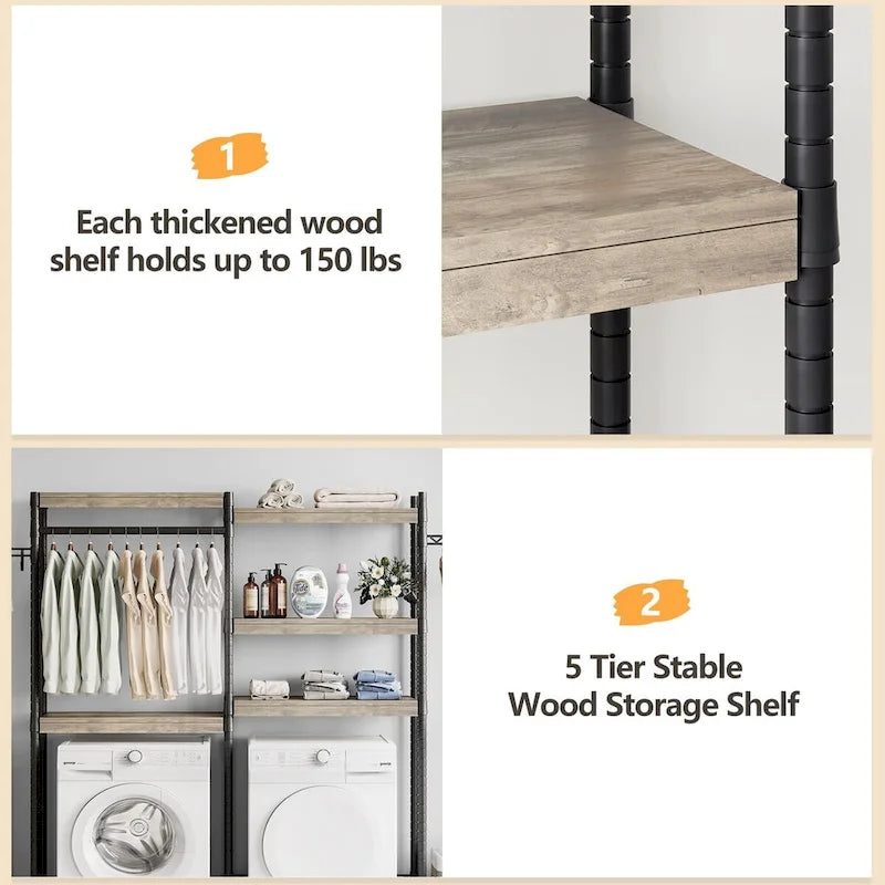 Étagère de rangement en bois à 5 niveaux avec séchoir, à placer au-dessus de la machine à laver et du sèche-linge