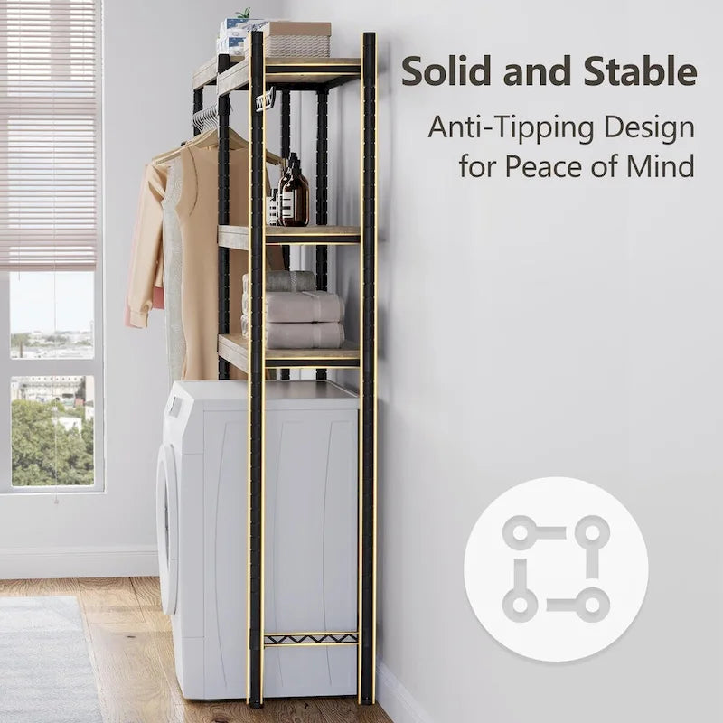 Étagère de rangement en bois à 5 niveaux avec séchoir, à placer au-dessus de la machine à laver et du sèche-linge