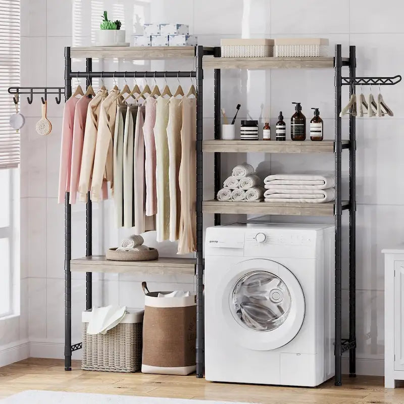 Étagère de rangement en bois à 5 niveaux avec séchoir, à placer au-dessus de la machine à laver et du sèche-linge