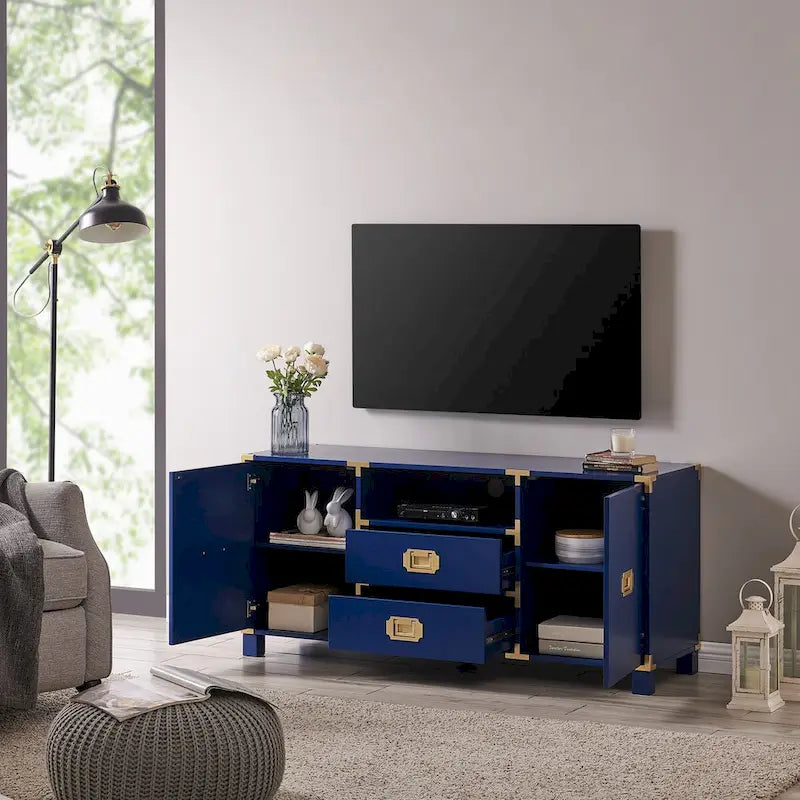 Meuble TV/console média bleu marine Mid-Century Modern avec rangements
